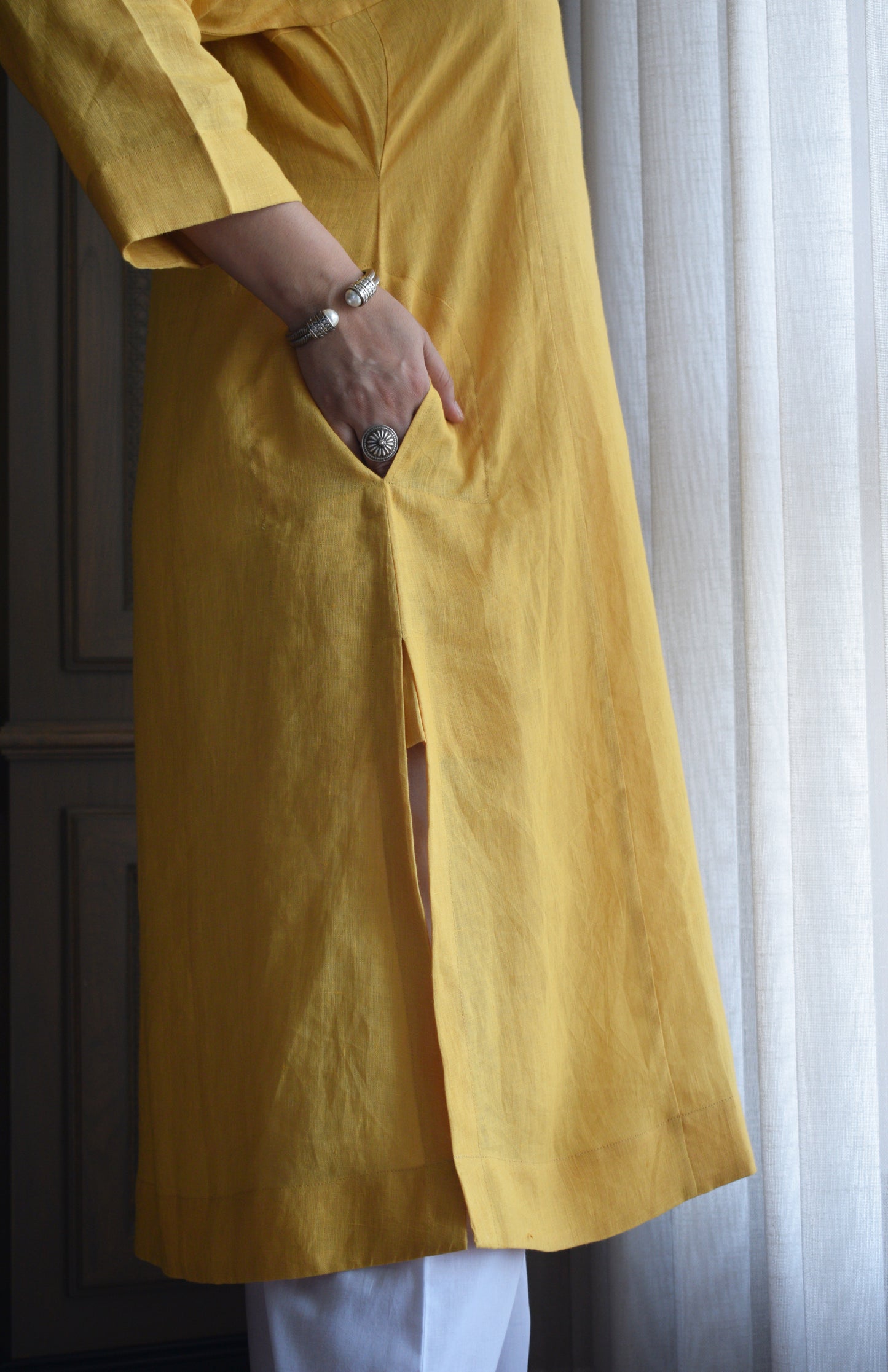 Yellow Linen Straight fit paneled kurta