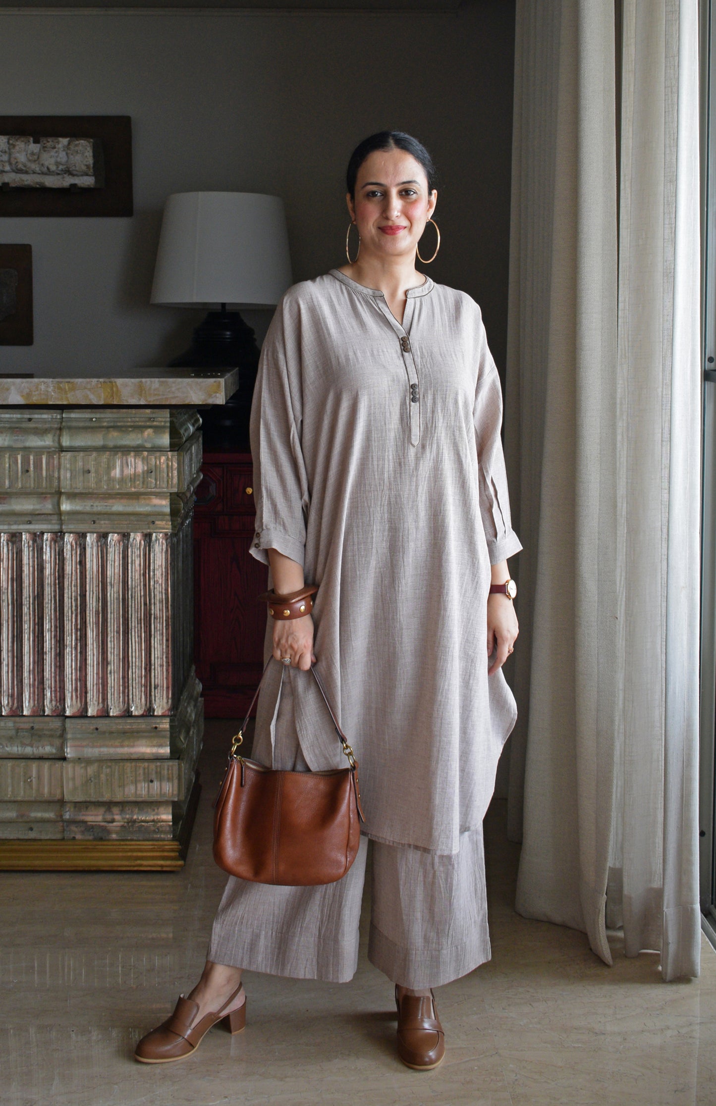 Light Brown Checks Antifit Co-ord Set in Handwoven Cotton