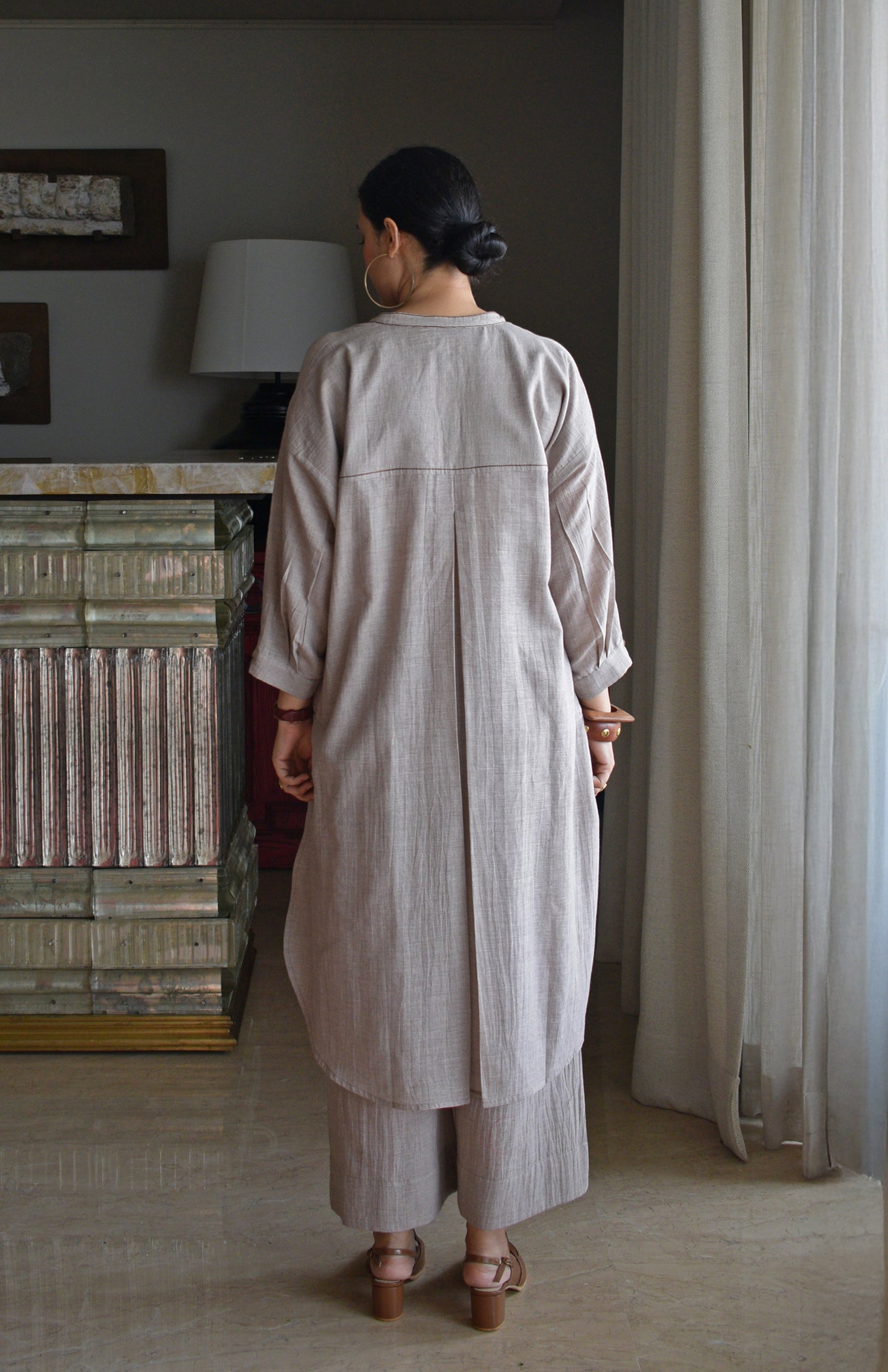 Light Brown Checks Antifit Co-ord Set in Handwoven Cotton