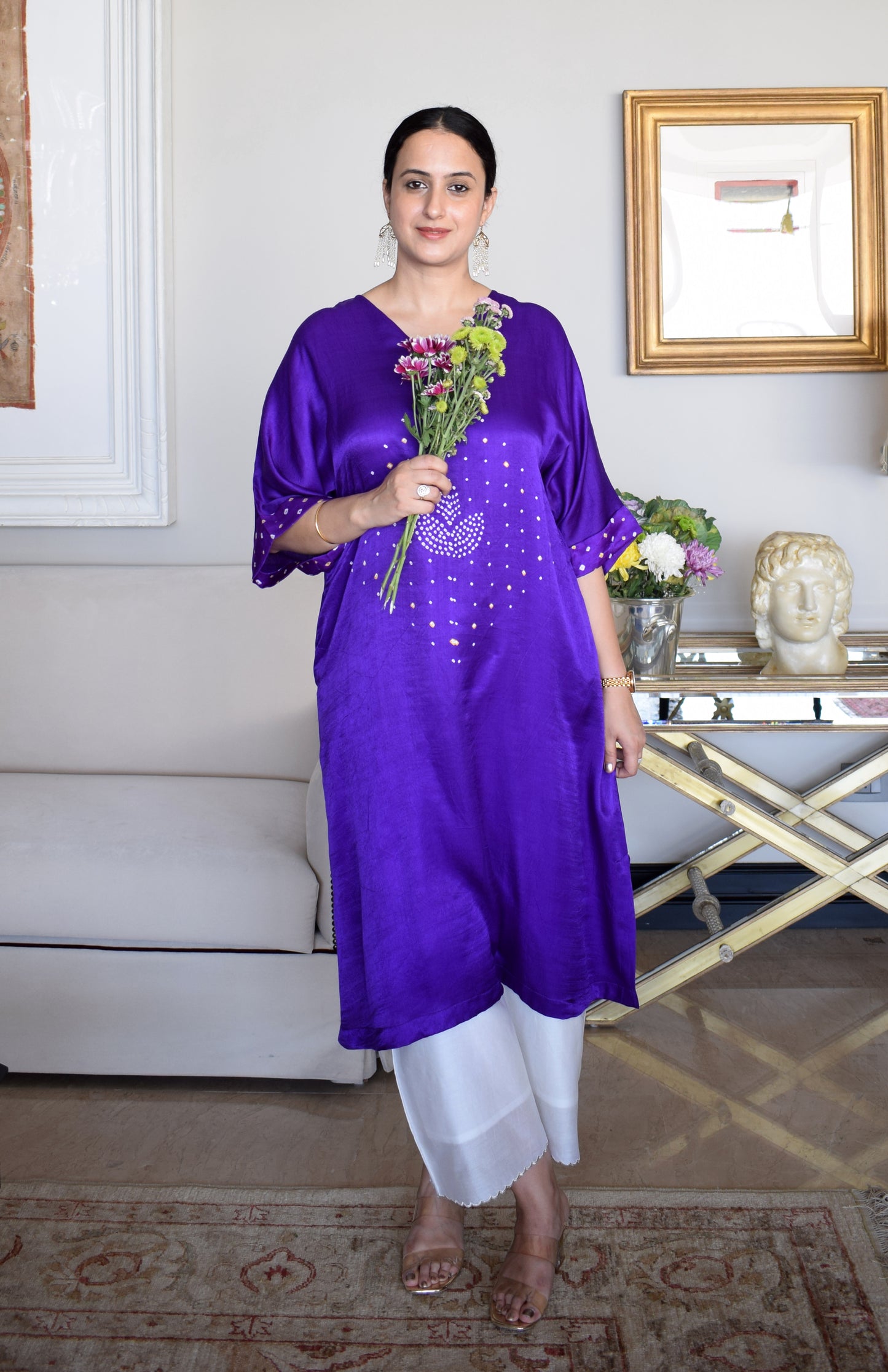 Purple Gaji Silk Kurta with Bandhej