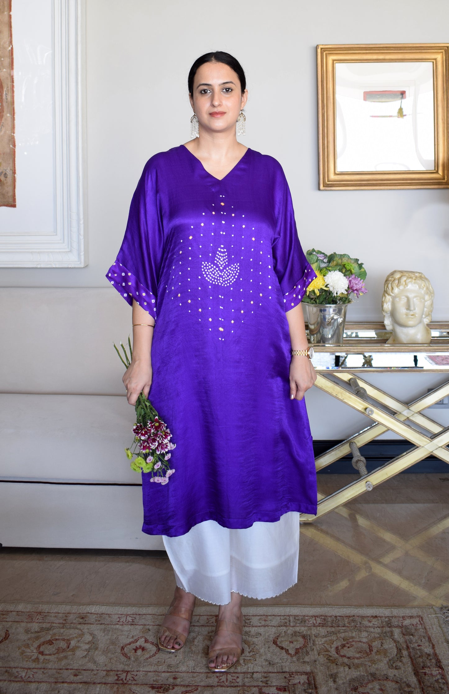 Purple Gaji Silk Kurta with Bandhej