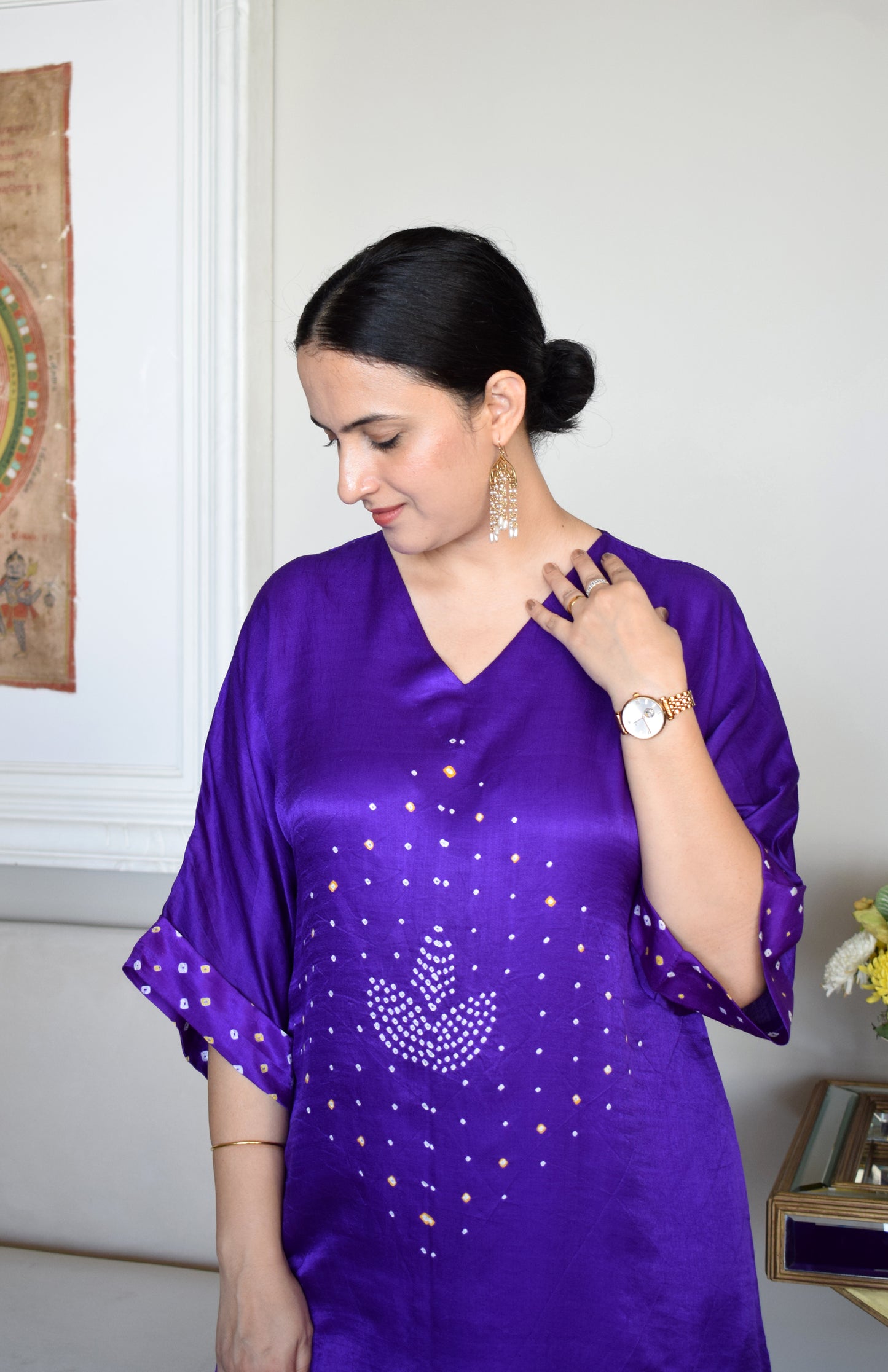 Purple Gaji Silk Kurta with Bandhej