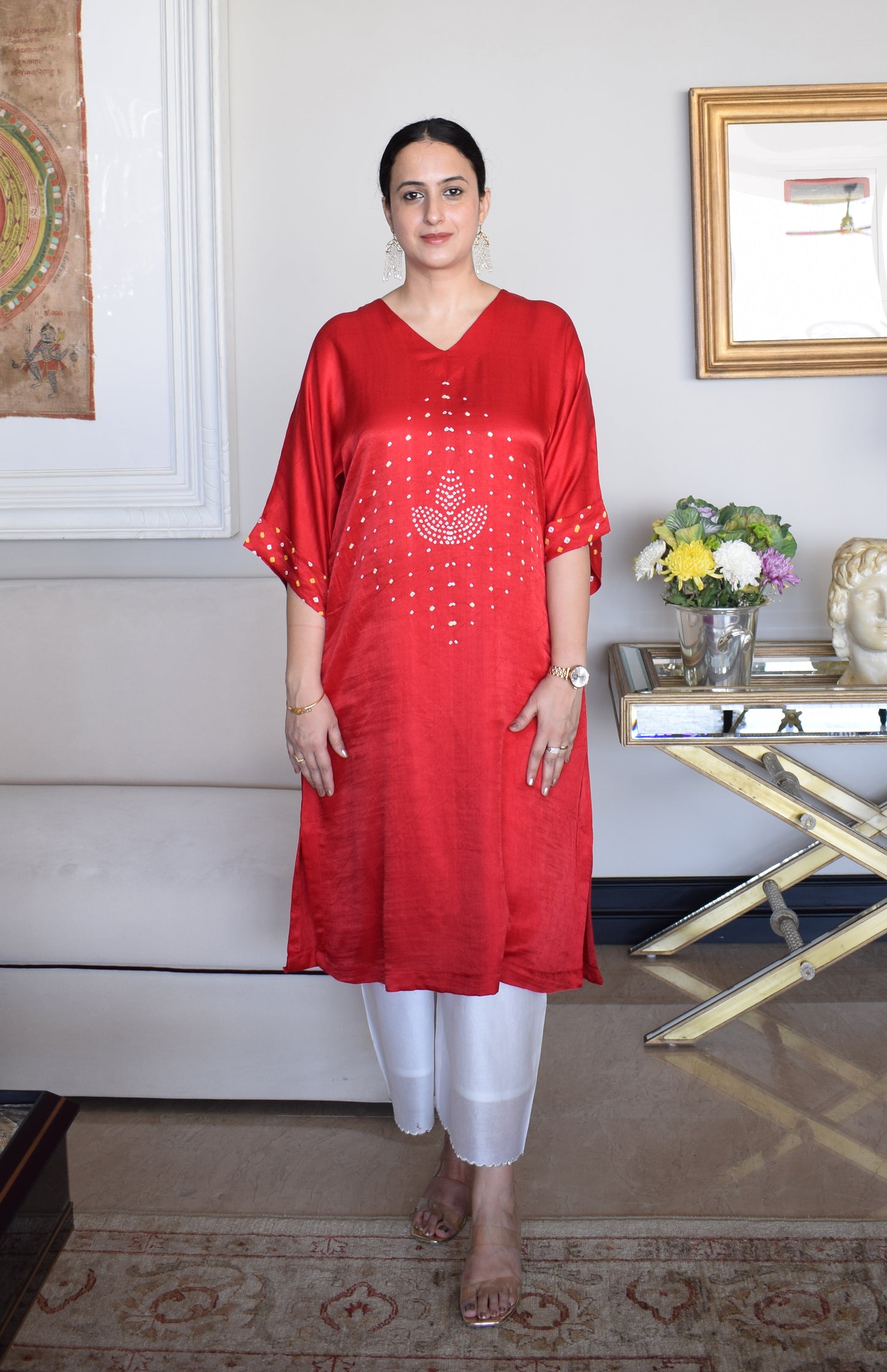 Red Gaji Silk Kurta with Bandhej and Chanderi pyjama