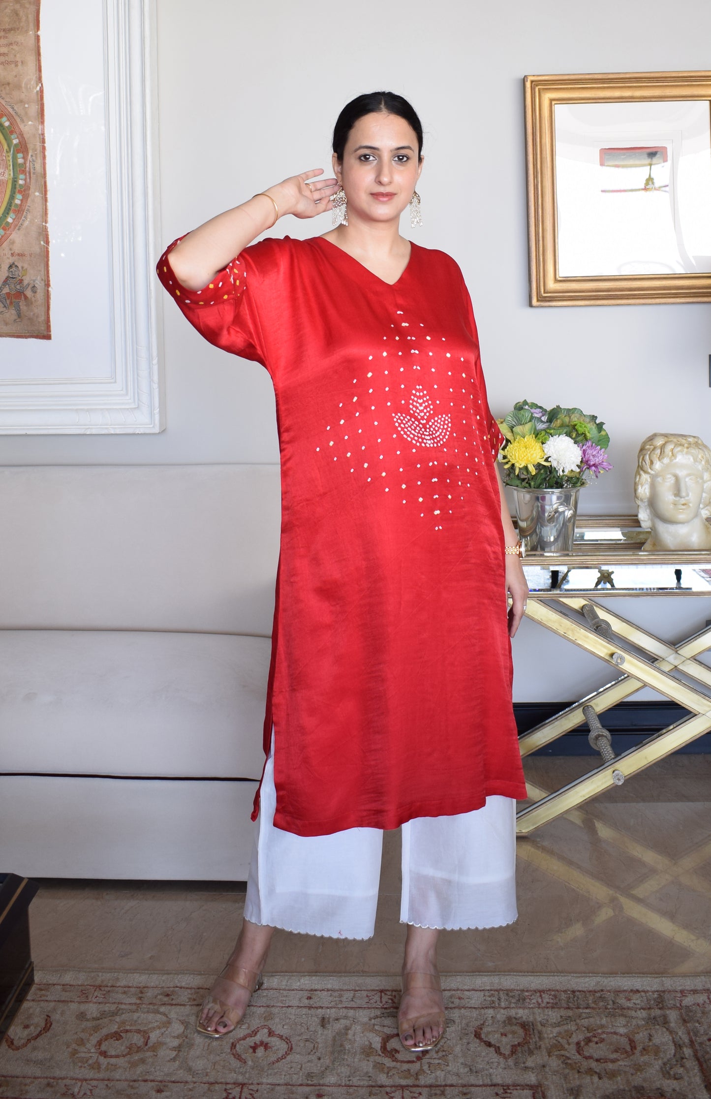 Red Gaji Silk Kurta with Bandhej and Chanderi pyjama