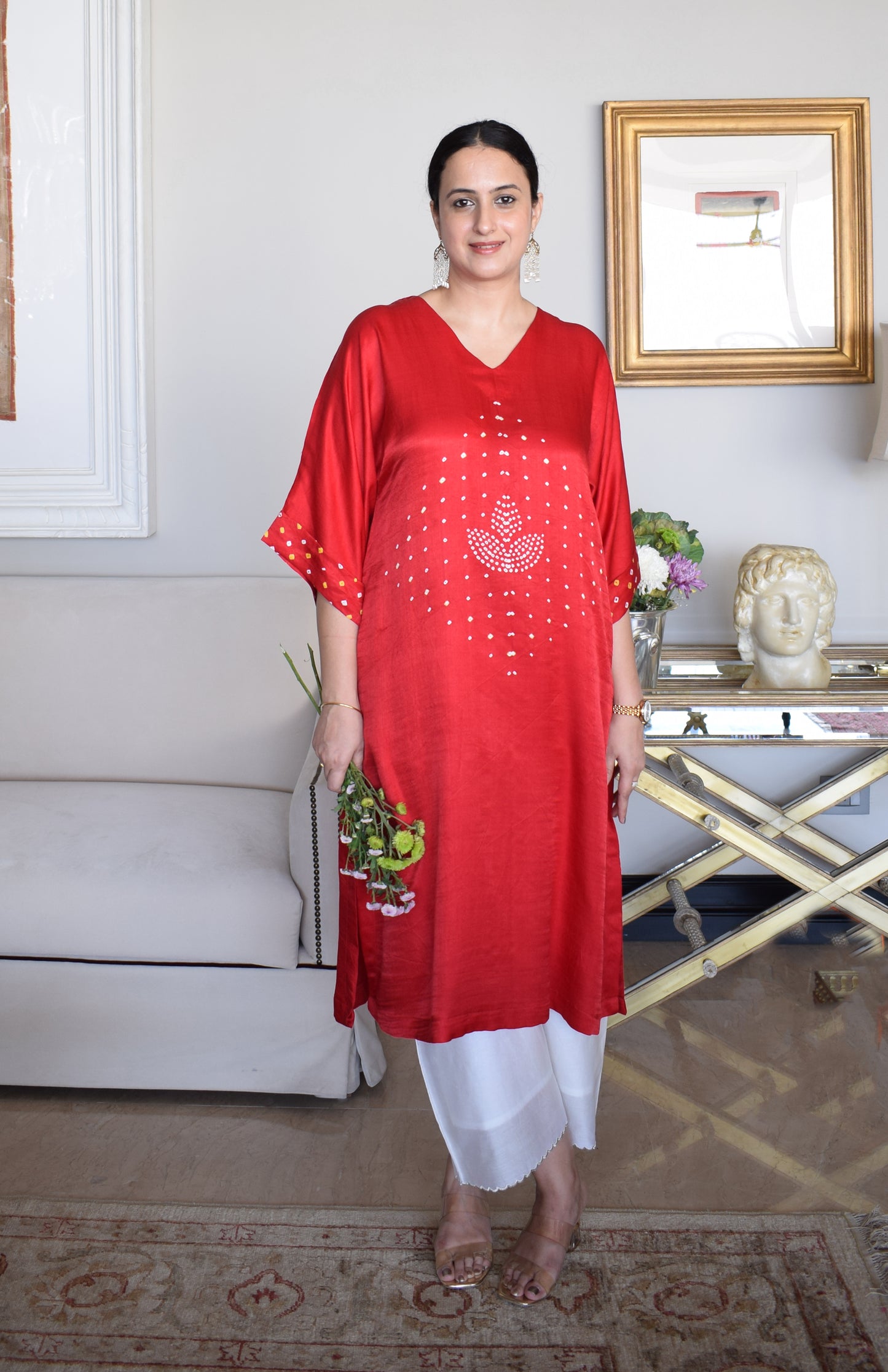 Red Gaji Silk Kurta with Bandhej and Chanderi pyjama