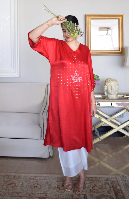 Red Gaji Silk Kurta with Bandhej and Chanderi pyjama