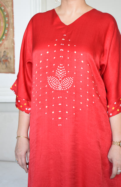 Red Gaji Silk Kurta with Bandhej and Chanderi pyjama