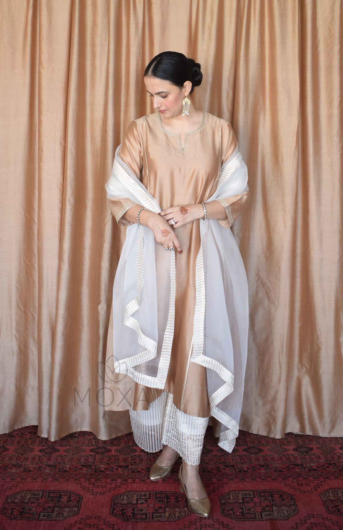 Beige Chanderi Kurta Set With Off White Silk Organza Dupatta