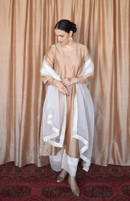 Off White Organza Dupatta With Striped Zari Chanderi Border