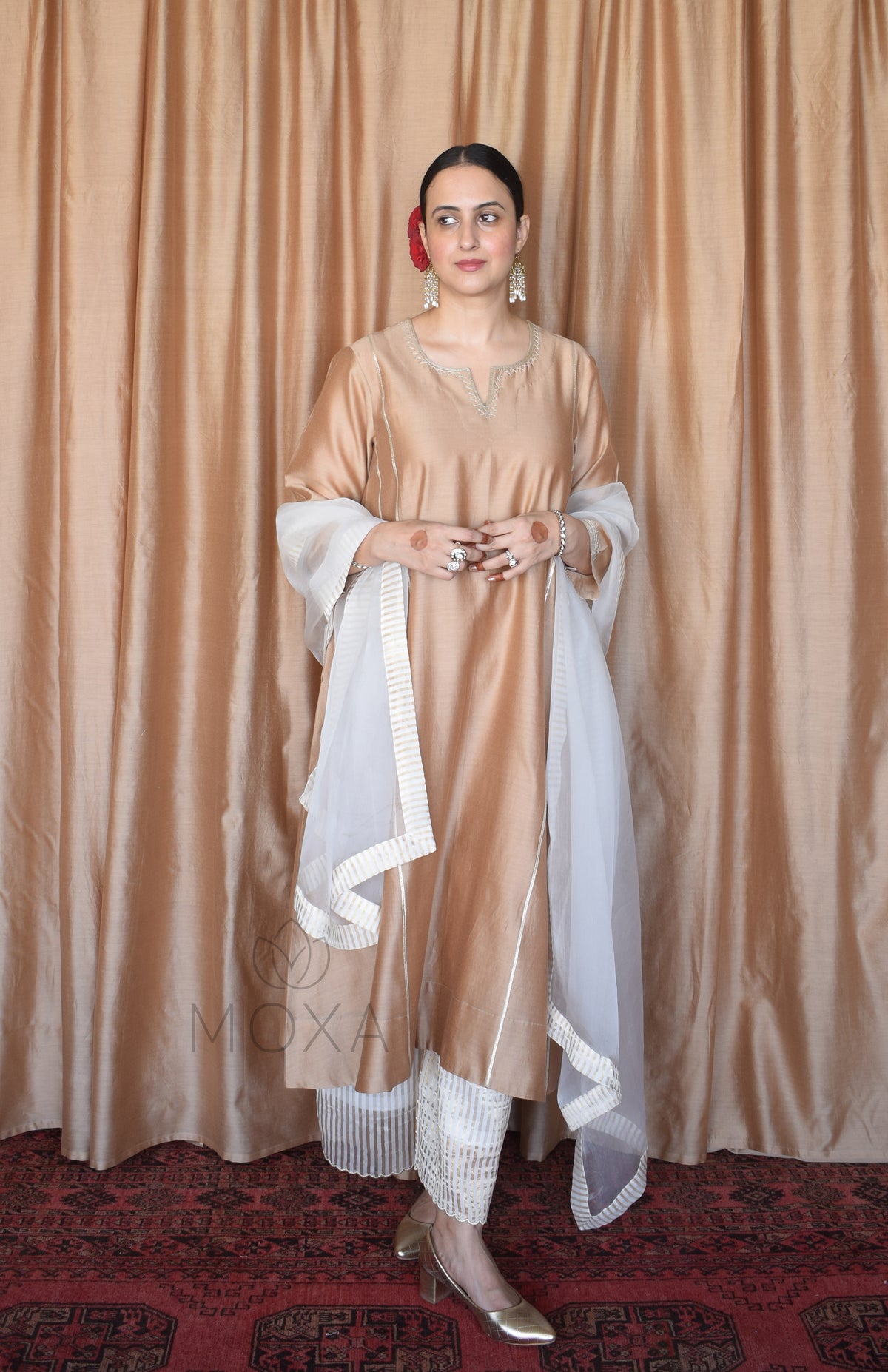 Beige Chanderi Kurta Set With Off White Silk Organza Dupatta