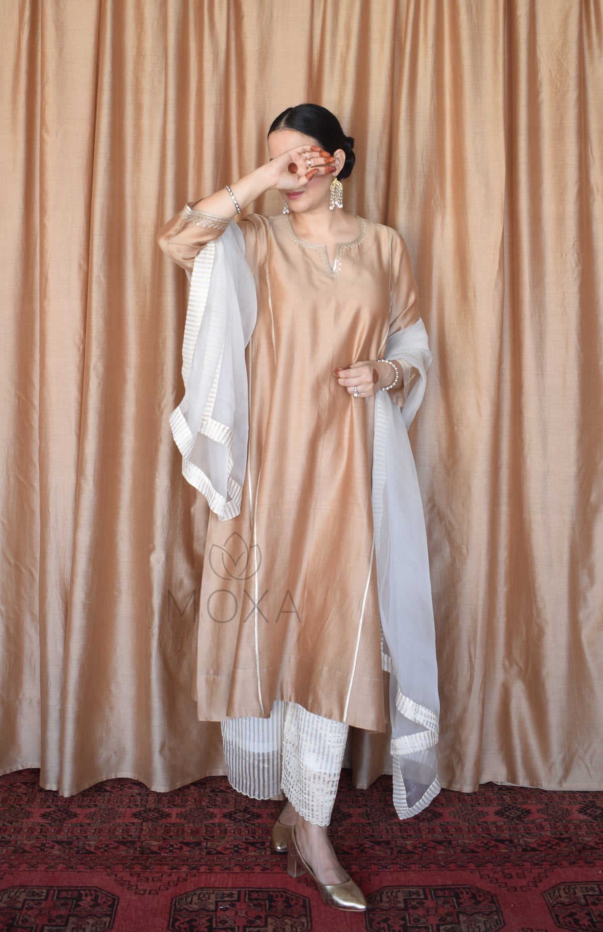 Off White Organza Dupatta With Off White Striped Chanderi Scallop Pajama - Set of 2