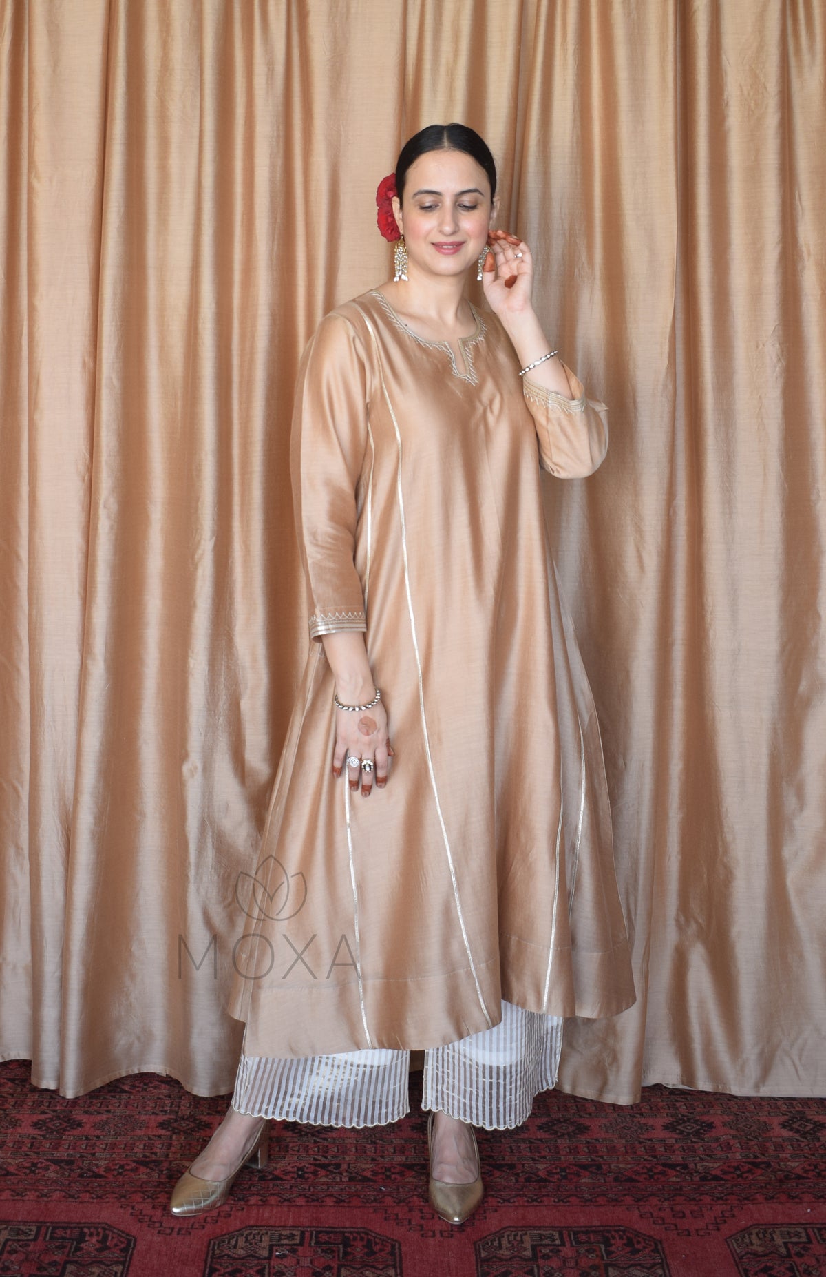 Beige Chanderi Hand Embroidered Kurta With Off White Striped Chanderi Scallop Pajama