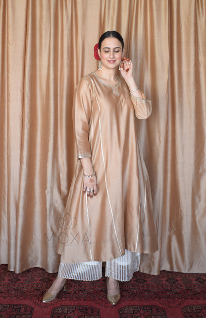 Beige Chanderi Hand Embroidered Kurta With Off White Striped Chanderi Scallop Pajama