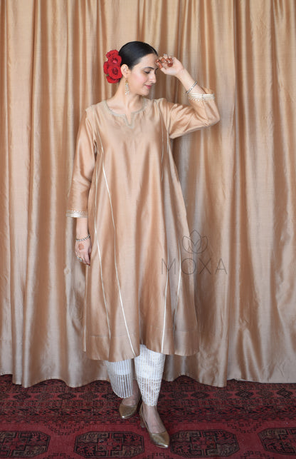 Beige Chanderi Hand Embroidered Kurta With Off White Striped Chanderi Scallop Pajama