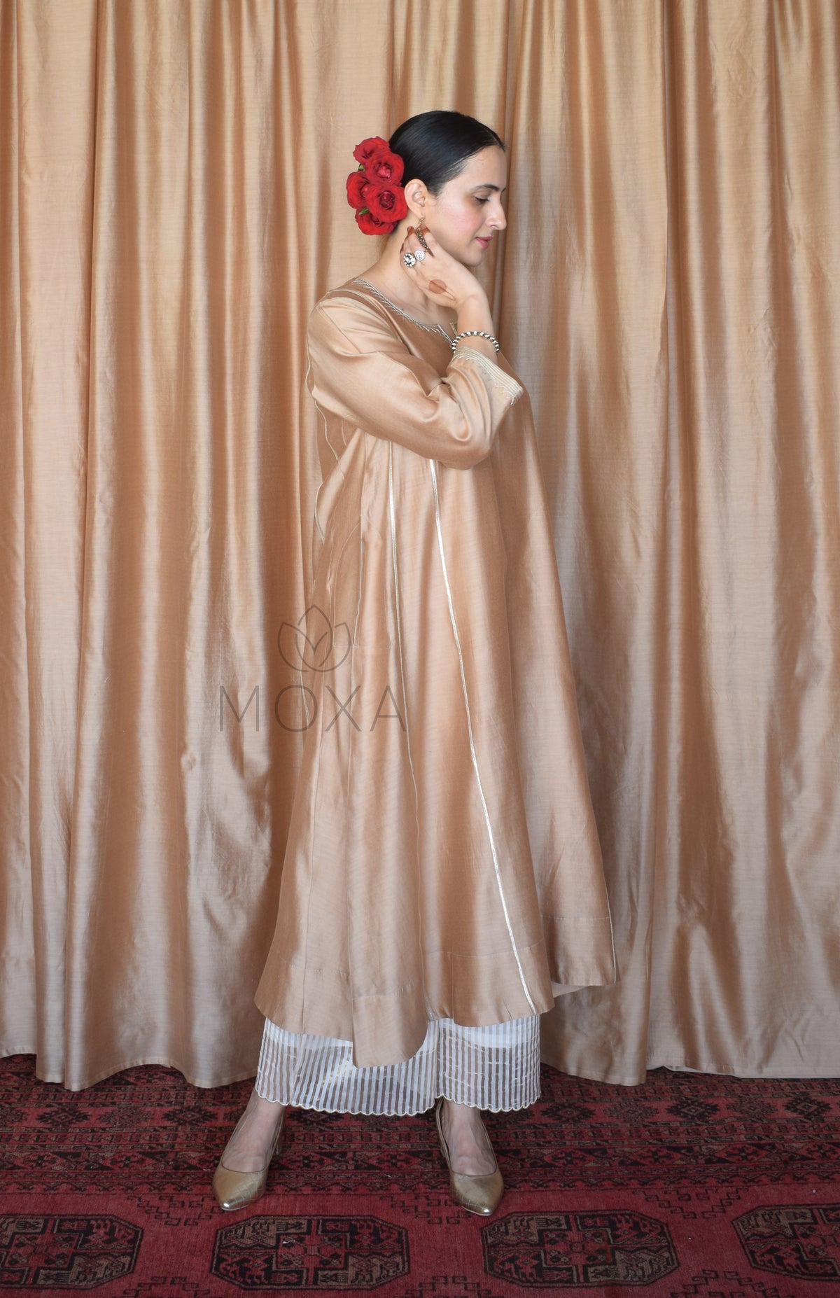 Beige Chanderi Kurta Set With Off White Silk Organza Dupatta
