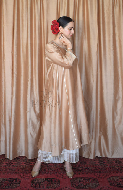 Beige Chanderi Hand Embroidered Kurta With Off White Striped Chanderi Scallop Pajama