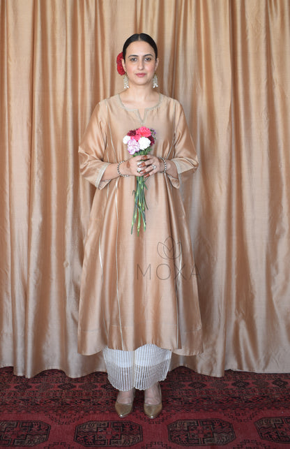 Beige Chanderi Kurta Set With Off White Silk Organza Dupatta