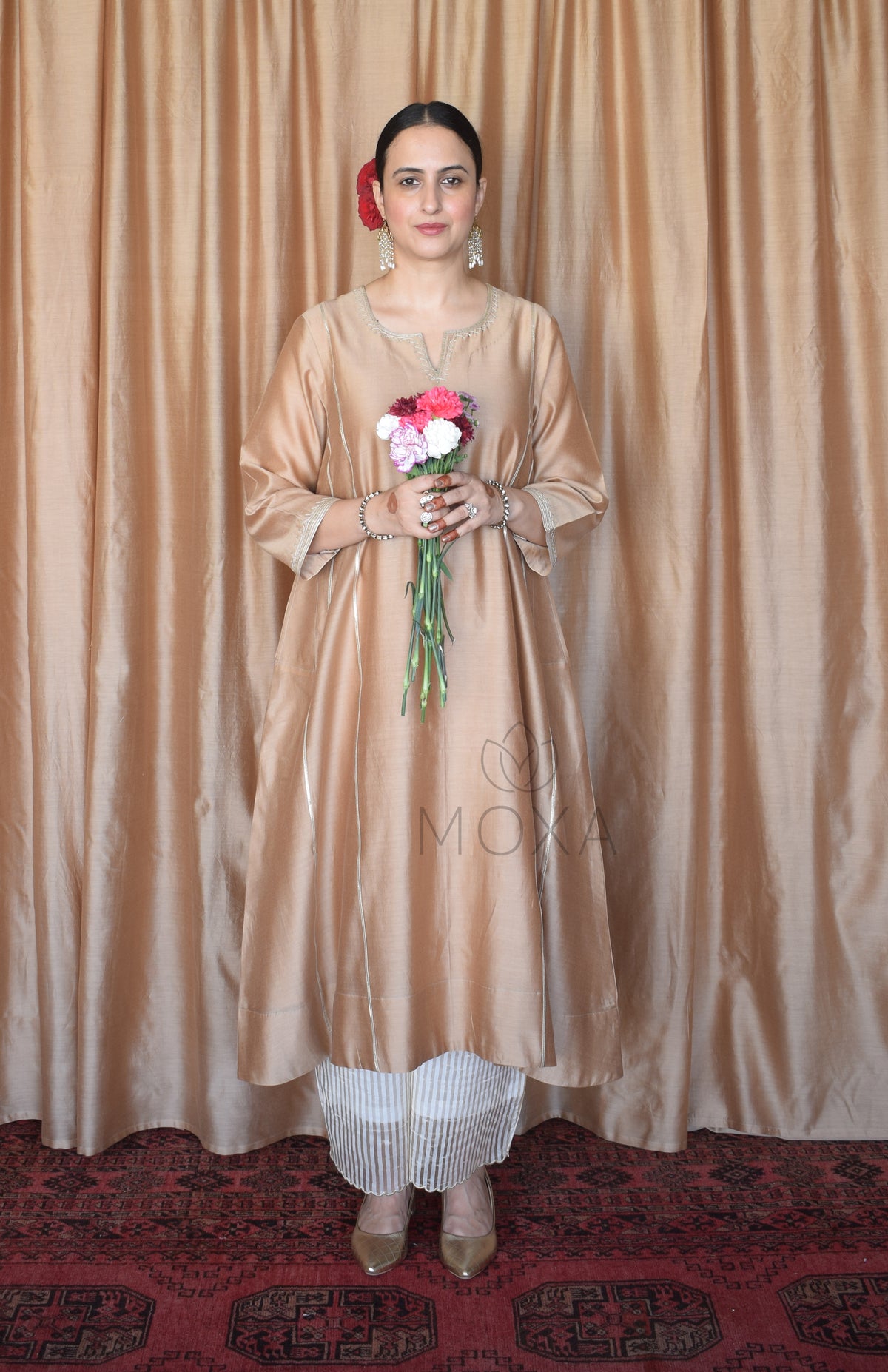 Beige Chanderi Hand Embroidered Kurta With Off White Striped Chanderi Scallop Pajama