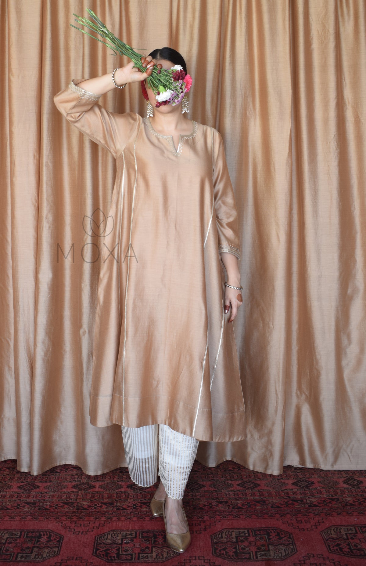 Beige Chanderi Hand Embroidered Kurta With Off White Striped Chanderi Scallop Pajama