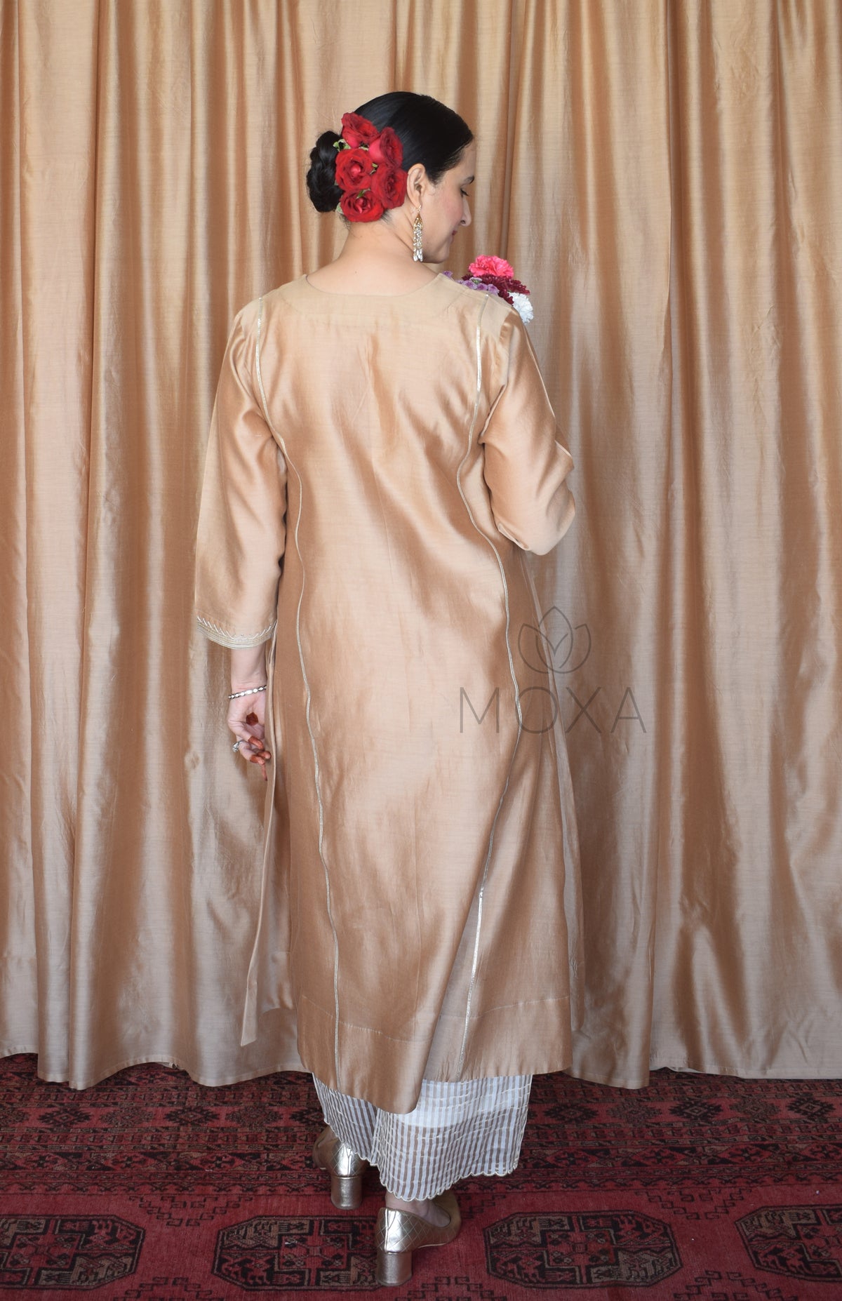 Beige Chanderi Hand Embroidered Kurta With Off White Striped Chanderi Scallop Pajama