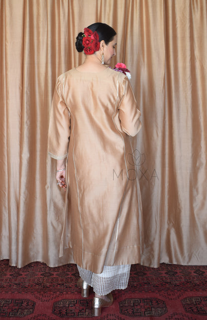 Beige Chanderi Hand Embroidered Kurta With Off White Striped Chanderi Scallop Pajama