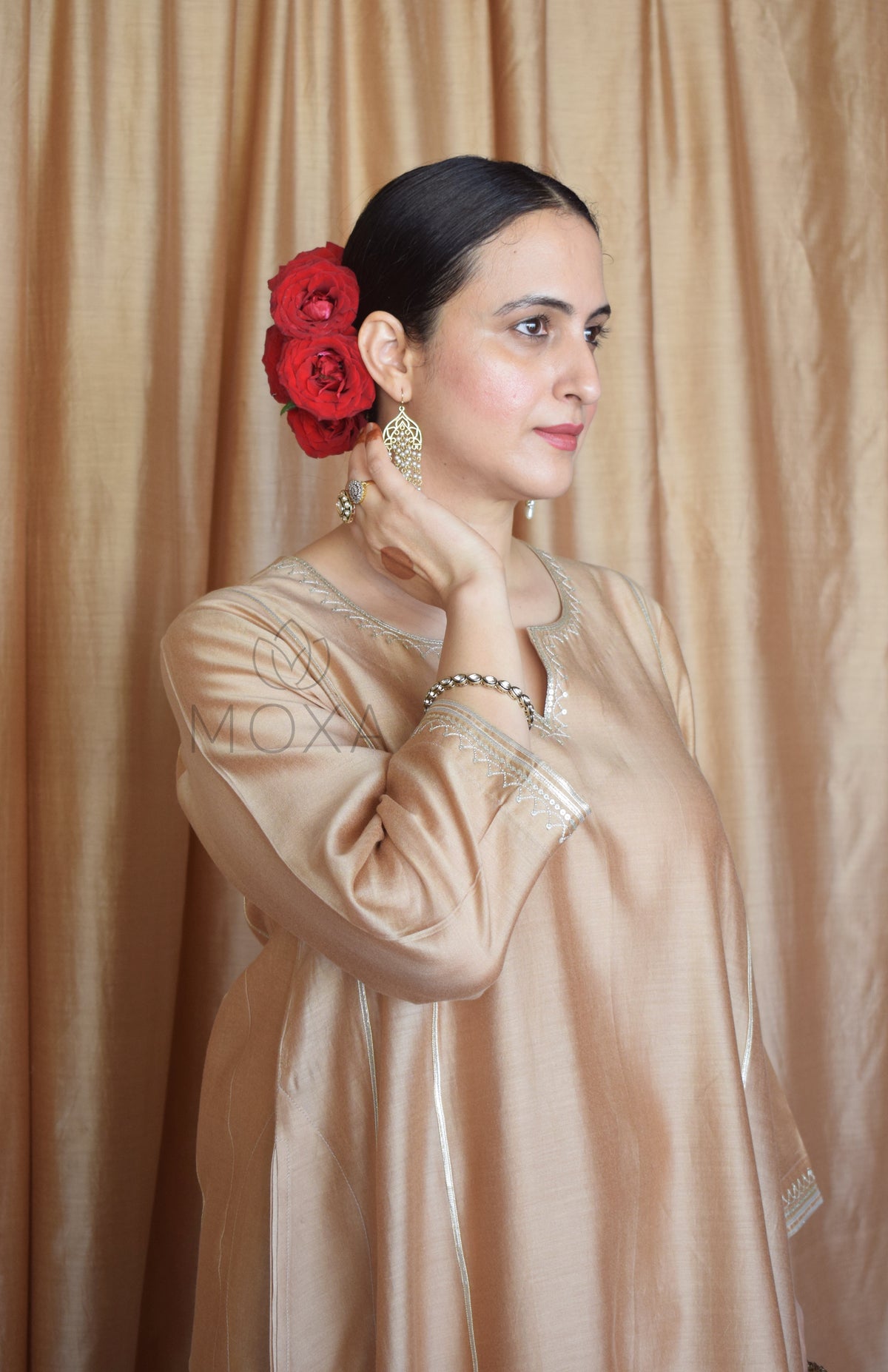 Beige Chanderi Hand Embroidered Kurta With Off White Striped Chanderi Scallop Pajama
