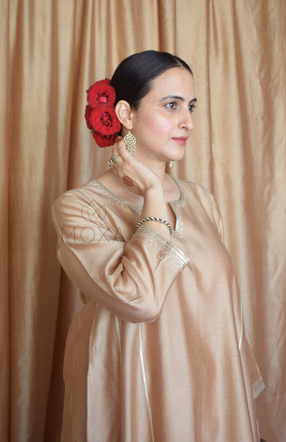 Beige Chanderi Hand Embroidered Kurta With Off White Striped Chanderi Scallop Pajama