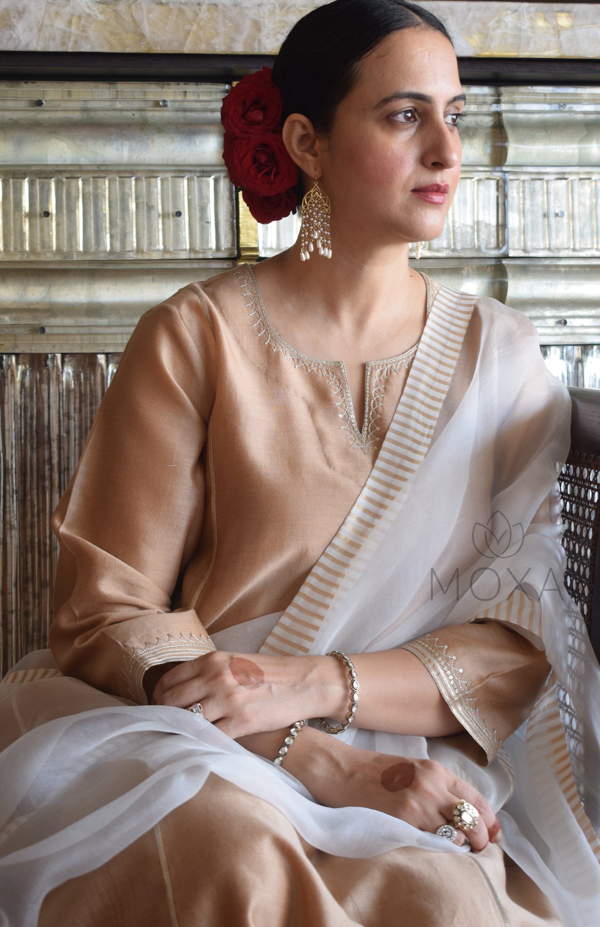 Beige Chanderi Kurta Set With Off White Silk Organza Dupatta