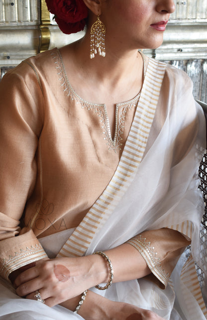 Beige Chanderi Kurta Set With Off White Silk Organza Dupatta