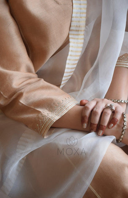Off White Organza Dupatta With Striped Zari Chanderi Border