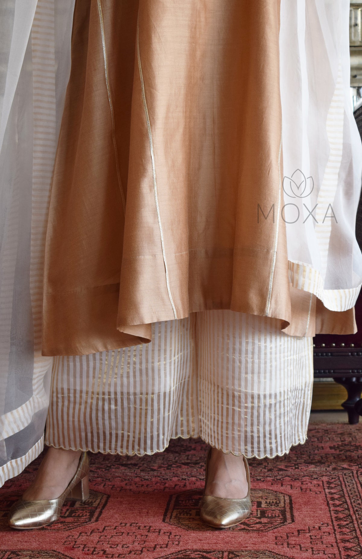 Beige Chanderi Kurta Set With Off White Silk Organza Dupatta