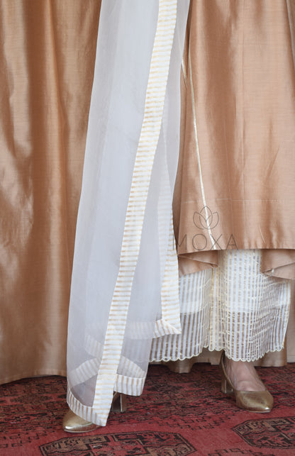 Off White Organza Dupatta With Striped Zari Chanderi Border