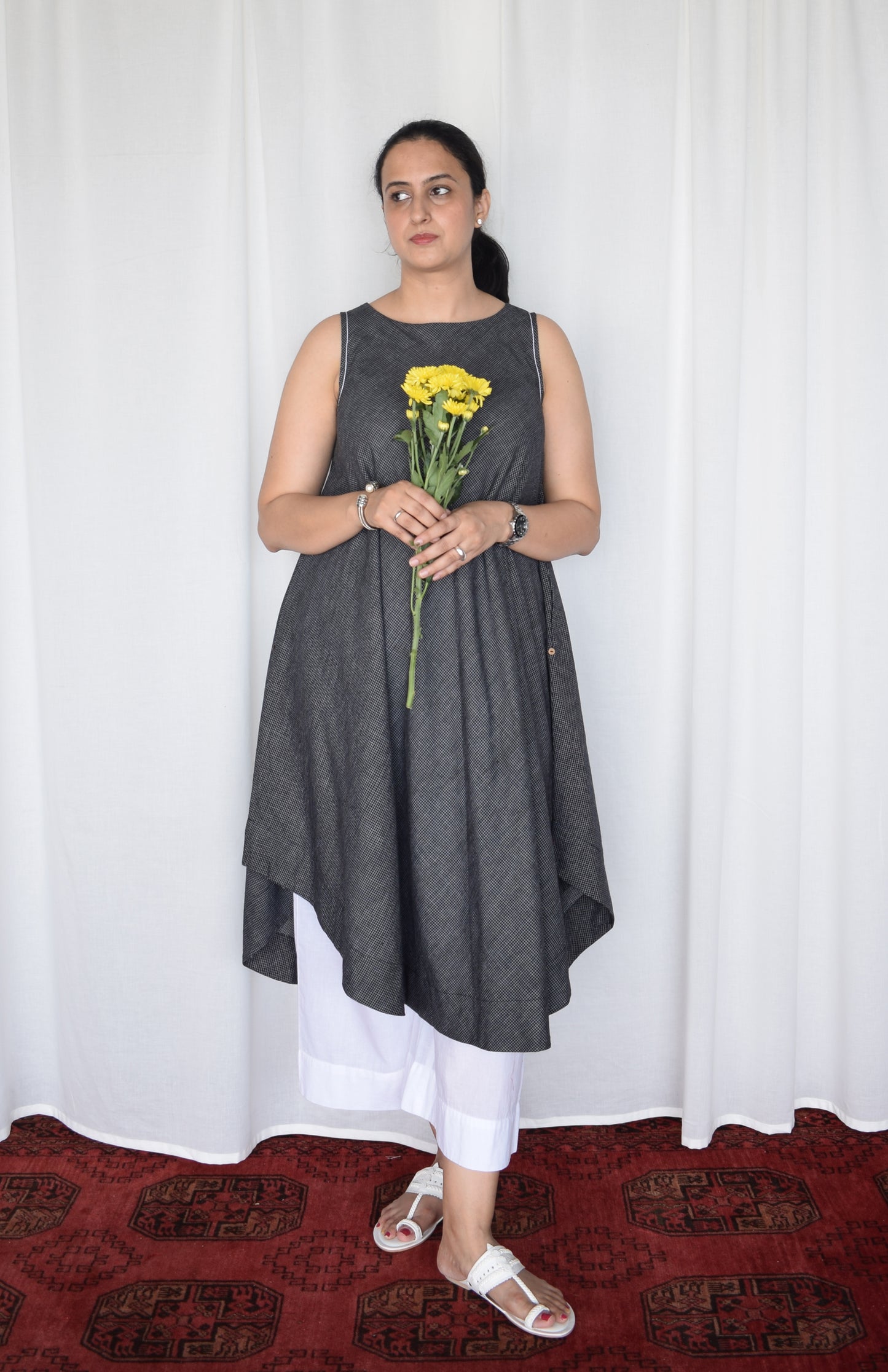 Black Sleeveless Kurta in Handwoven Checks