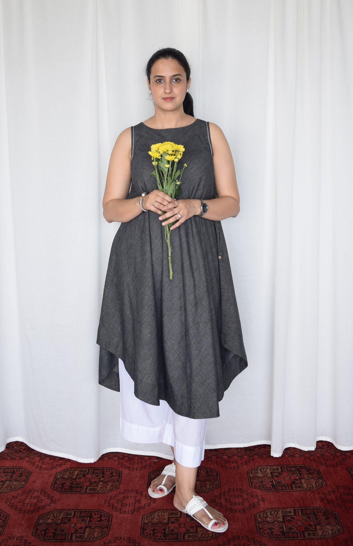 Black Sleeveless Kurta in Handwoven Checks