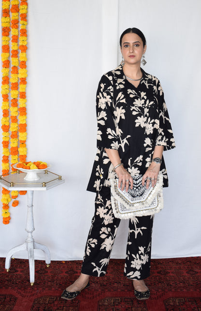 Black Floral Co-ord set with short tunic and pants