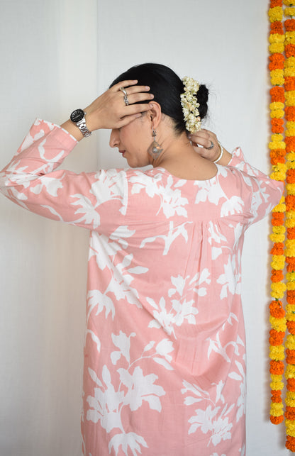 Pink Floral Kurta with Striped Pajama