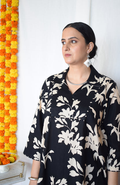 Black floral short tunic with collar