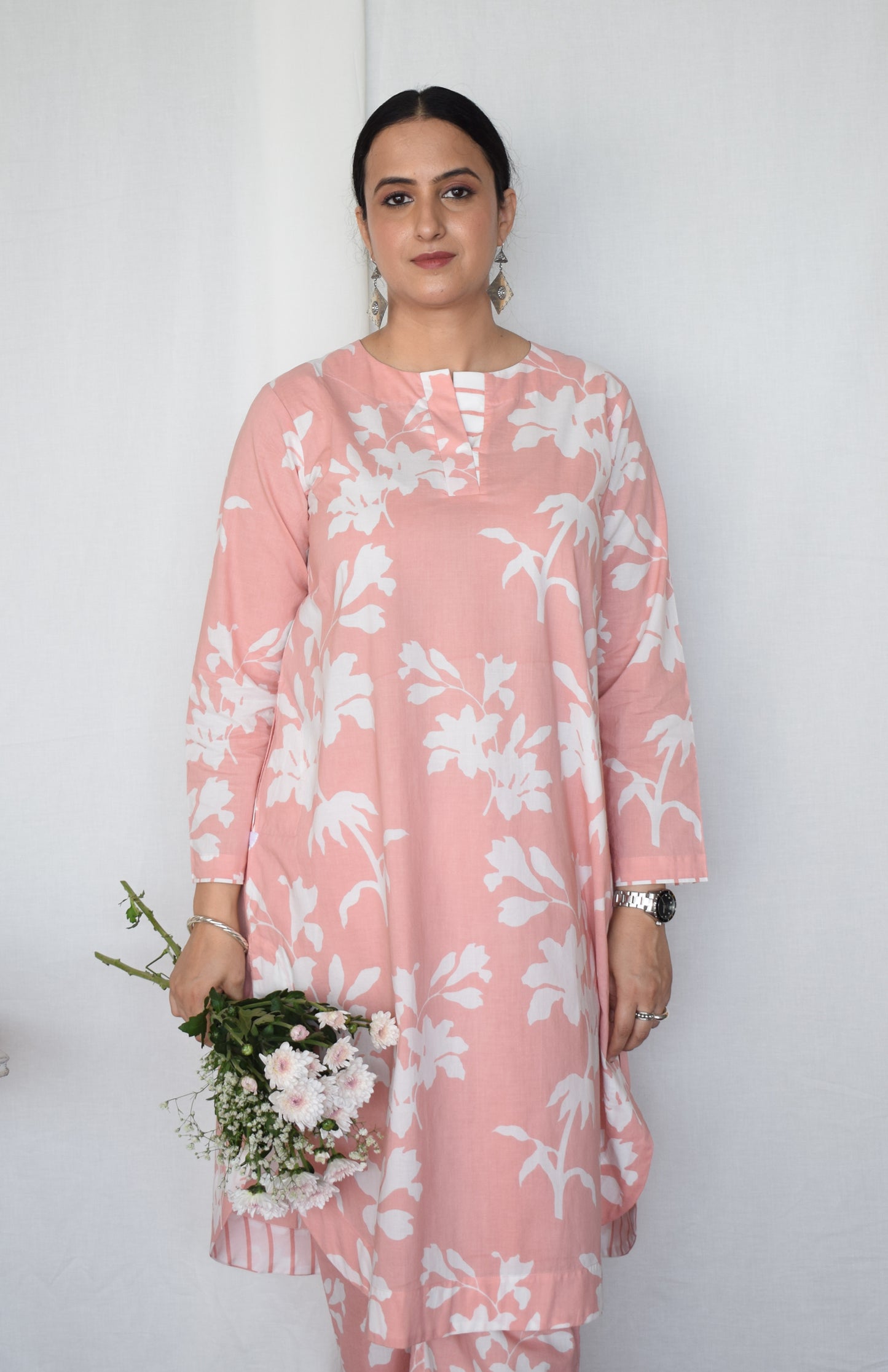 Pink Floral Kurta with Striped Pajama