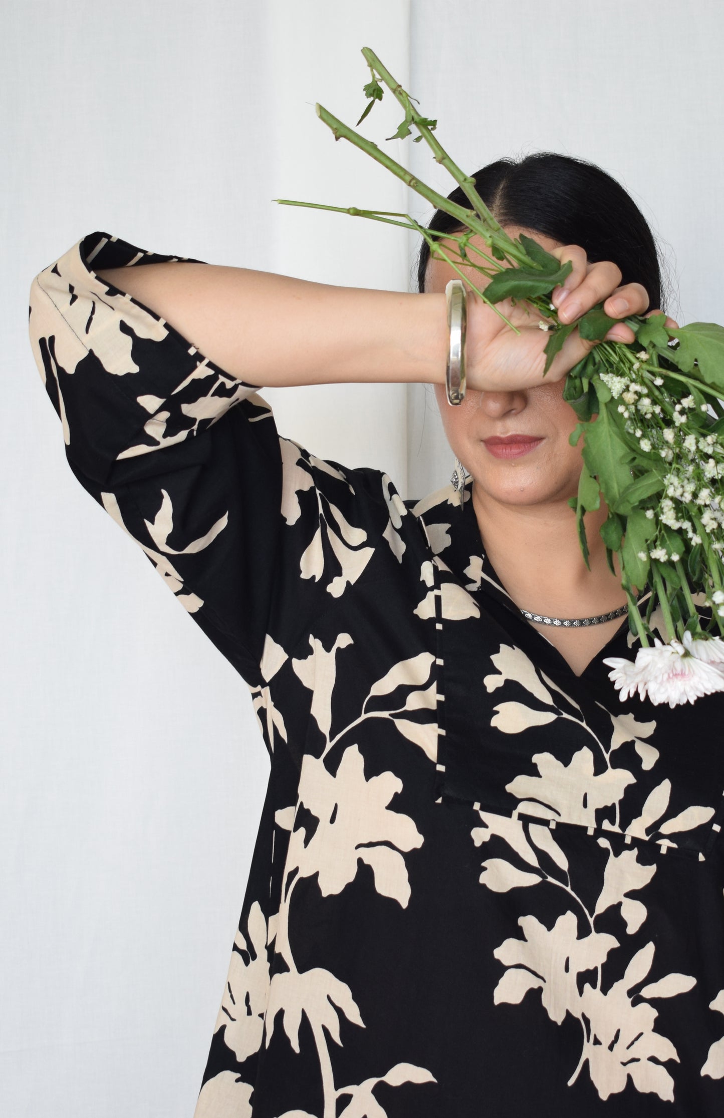 Black floral short tunic with collar