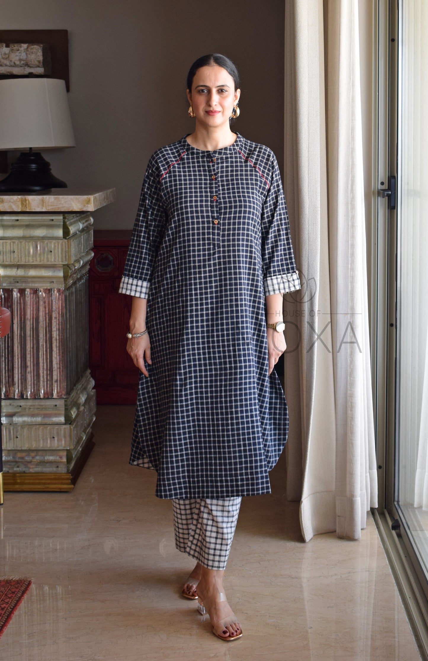 Black Checks Kurta with Raglan Sleeves and Off-white Checks Pajama in Handloom Cotton