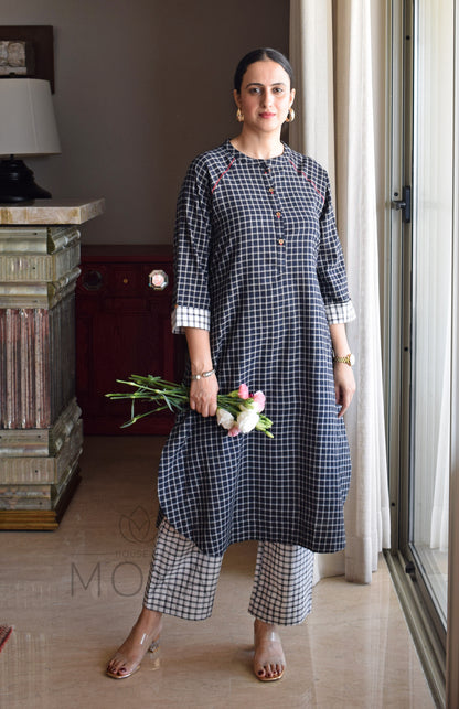 Black Checks Kurta with Raglan Sleeves and Off-white Checks Pajama in Handloom Cotton