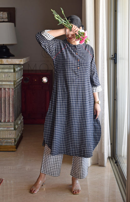 Black Checks Kurta with Raglan Sleeves and Off-white Checks Pajama in Handloom Cotton