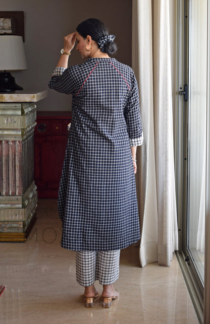 Black Checks Kurta with Raglan Sleeves and Off-white Checks Pajama in Handloom Cotton