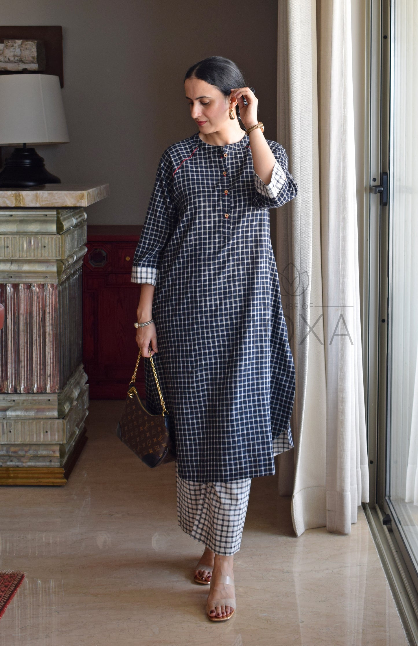 Black Checks Kurta with Raglan Sleeves and Off-white Checks Pajama in Handloom Cotton