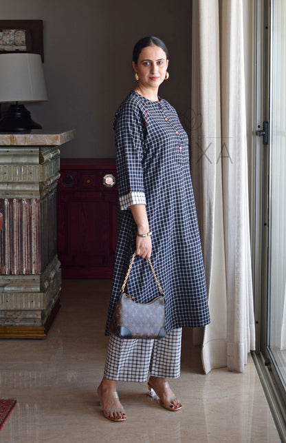 Black Checks Kurta with Raglan Sleeves and Off-white Checks Pajama in Handloom Cotton