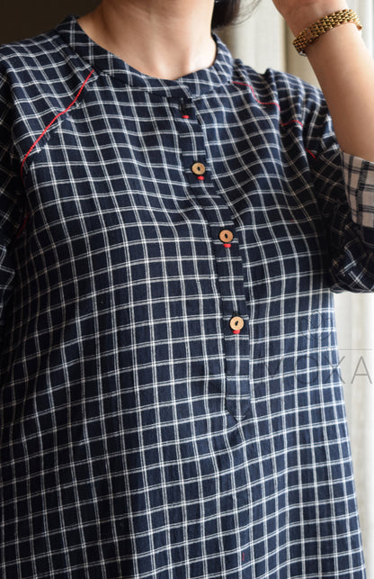 Black Checks Kurta with Raglan Sleeves and Off-white Checks Pajama in Handloom Cotton