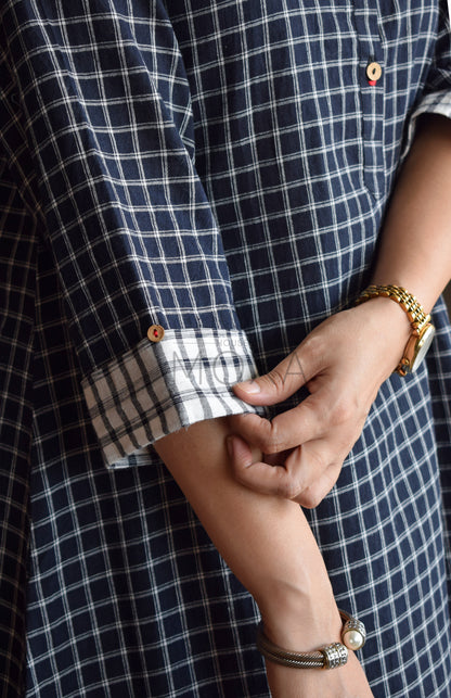 Black Checks Kurta with Raglan Sleeves and Off-white Checks Pajama in Handloom Cotton
