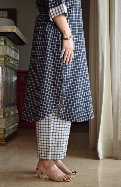 Black Checks Kurta with Raglan Sleeves and Off-white Checks Pajama in Handloom Cotton