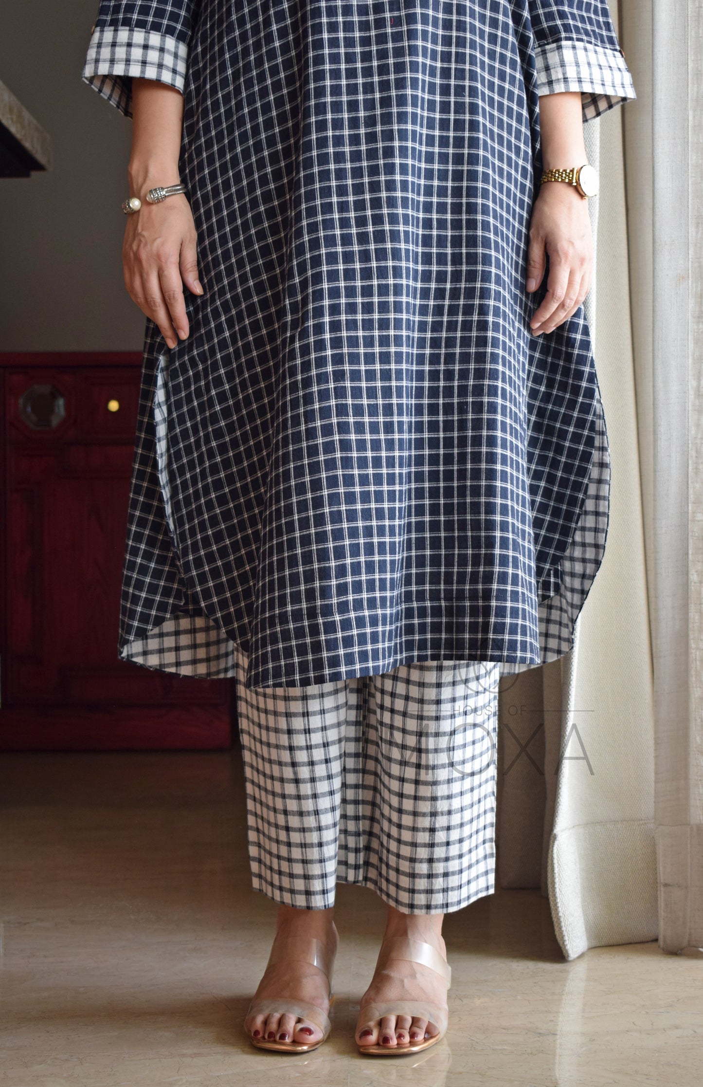 Black Checks Kurta with Raglan Sleeves and Off-white Checks Pajama in Handloom Cotton