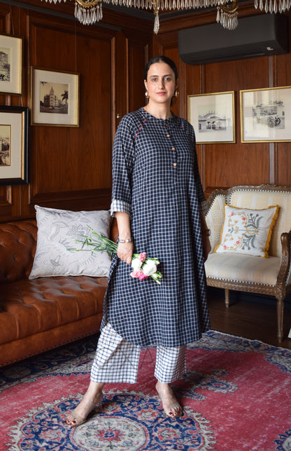 Black Checks Kurta with Raglan Sleeves and Off-white Checks Pajama in Handloom Cotton